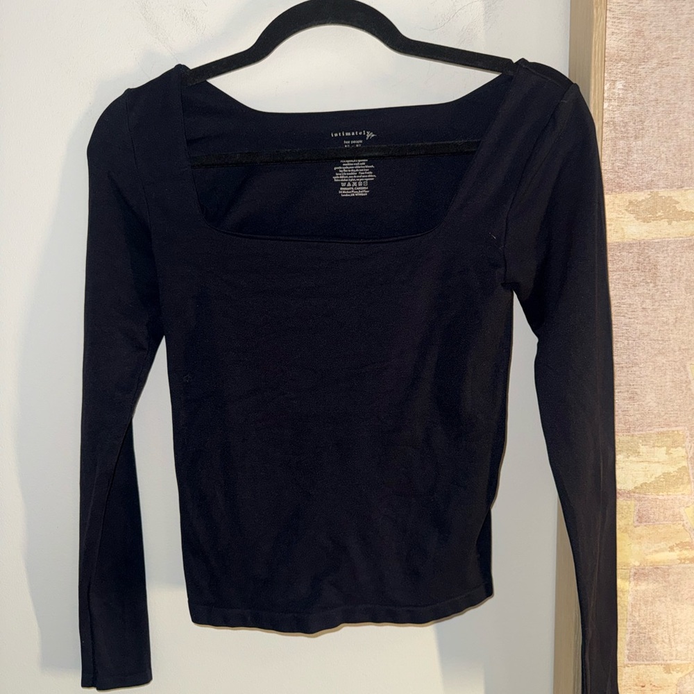 Free People Black Long Sleeve Square Neck Top